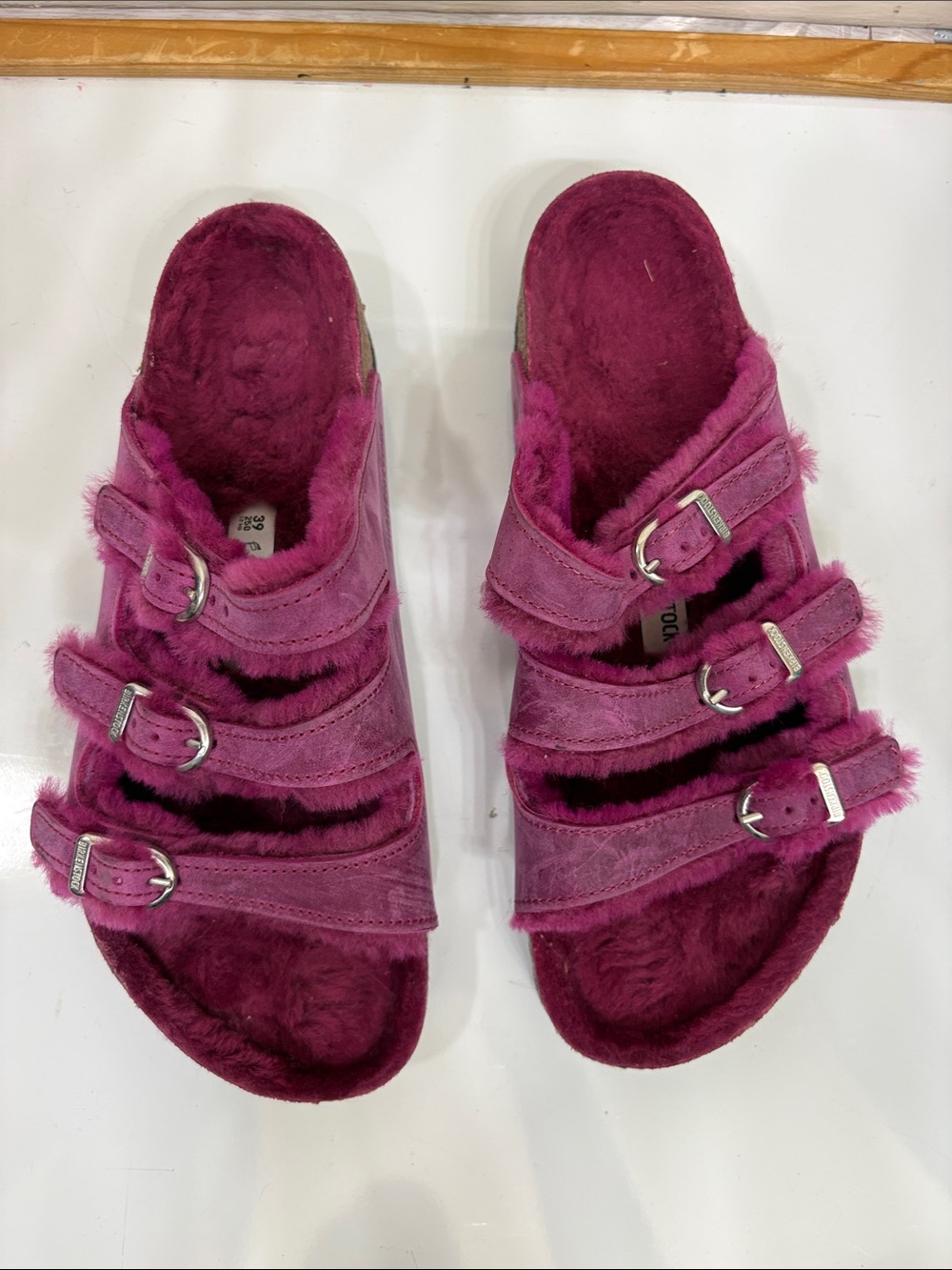 Birkenstock Arizona Shearling Triple-Strap Sandals - Fuchsia - Picture 3 of 11